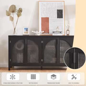 Modern Black Rattan Storage Cabinet - Freestanding Arched Buffet Sideboard with Metal Handles for Dining Room, Living Room, Entryway