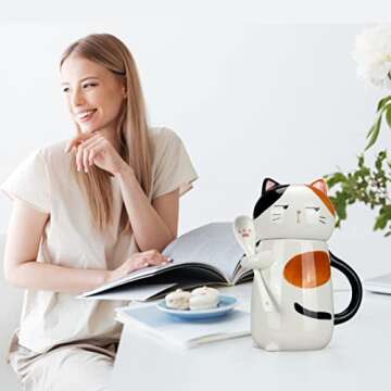 Large Cute Ceramic Coffee Mug with Lid and Spoon Fun Cat Cup for Women Ladies Unique 3D Kawaii Cat C...