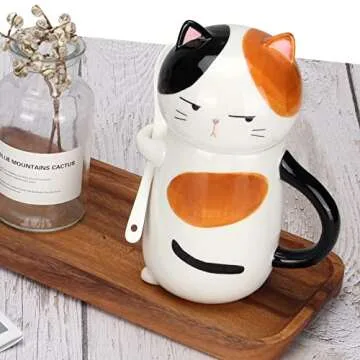 Large Cute Ceramic Coffee Mug with Lid and Spoon Fun Cat Cup for Women Ladies Unique 3D Kawaii Cat Coffee Mugs Lover Mom Gift Funny Christmas Cups Adorable Porcelain Girls Novelty Mug