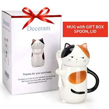 Large Cute Ceramic Coffee Mug with Lid and Spoon Fun Cat Cup for Women Ladies Unique 3D Kawaii Cat Coffee Mugs Lover Mom Gift Funny Christmas Cups Adorable Porcelain Girls Novelty Mug