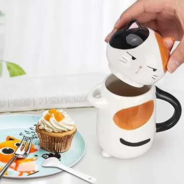 Large Cute Ceramic Coffee Mug with Lid and Spoon Fun Cat Cup for Women Ladies Unique 3D Kawaii Cat Coffee Mugs Lover Mom Gift Funny Christmas Cups Adorable Porcelain Girls Novelty Mug