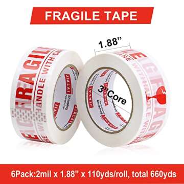 JIALAI HOME Fragile Tape Handle with Care Packing Printing Tape 6 Rolls, Shipping Box Sealing Tape with Dispenser, 2 Inch x 330 Feet (110 Yards), Heavy Duty Tape for Shipping and Moving Boxes