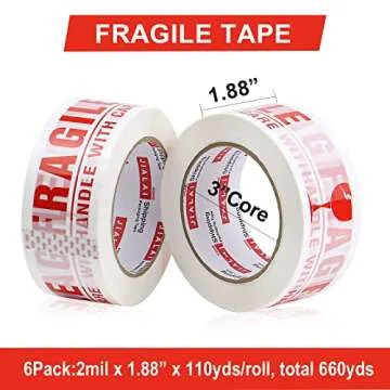JIALAI HOME Fragile Tape Handle with Care Packing Printing Tape 6 Rolls, Shipping Box Sealing Tape with Dispenser, 2 Inch x 330 Feet (110 Yards), Heavy Duty Tape for Shipping and Moving Boxes