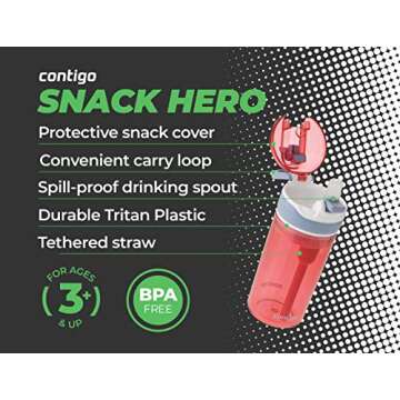 Contigo Snack Hero Water Bottle Set, 2-in-1 Water Bottle with 4oz Snack Compartment & 13oz Spill-Proof Water Bottle - Red & Blue