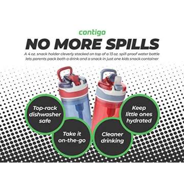 Contigo Snack Hero Water Bottle Set, 2-in-1 Water Bottle with 4oz Snack Compartment & 13oz Spill-Proof Water Bottle - Red & Blue