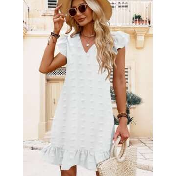 QACOHU Spring Summer Dresses for Women 2025 V Neck Cap Sleeve Ruffle Hem Smock Short Casual Outings ...