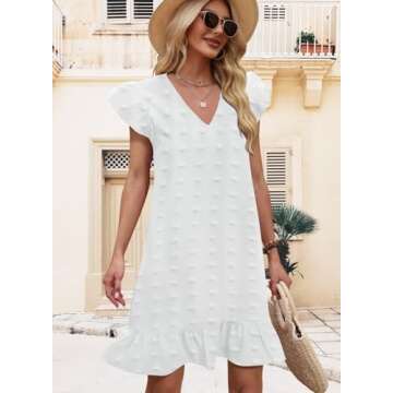 QACOHU Spring Summer Dresses for Women 2025 V Neck Cap Sleeve Ruffle Hem Smock Short Casual Outings Beach Dress White S