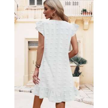 QACOHU Spring Summer Dresses for Women 2025 V Neck Cap Sleeve Ruffle Hem Smock Short Casual Outings Beach Dress White S