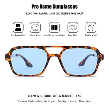 Pro Acme Vintage 70s Flat Pilot Sunglasses for Women Men, Small Frame Rectangular Glasses UV400 Protection Shades (Leopard Frame | Blue Lens)