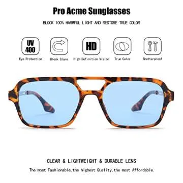 Pro Acme Vintage 70s Flat Pilot Sunglasses for Women Men, Small Frame Rectangular Glasses UV400 Protection Shades (Leopard Frame | Blue Lens)