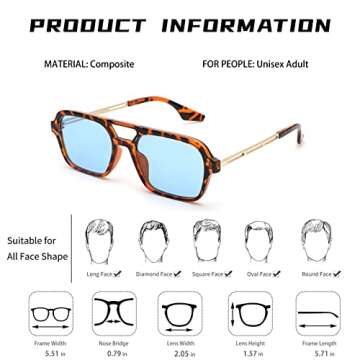Pro Acme Vintage 70s Flat Pilot Sunglasses for Women Men, Small Frame Rectangular Glasses UV400 Protection Shades (Leopard Frame | Blue Lens)