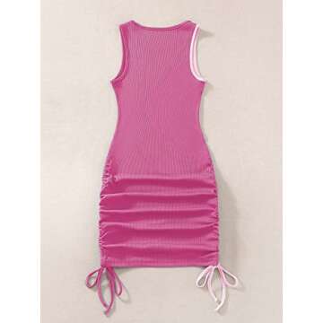 Verdusa Women's Color Block Drawstring Ruched Ribbed Mini Tank Bodycon Dress Pink S