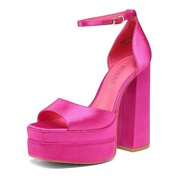 DREAM PAIRS Hot Pink Satin High Heels Chunky Block Platform Sandals for Women