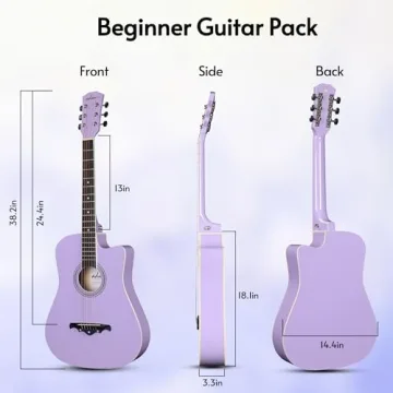 ADM 38" Inch Acoustic Guitar Bundle for Beginners Adults with Online Lesson, Cutaway Wood Acustica Guitarra Starter Set Package with Gig Bag, Strap, Steel Strings, Picks, Capos, Stand, Purple