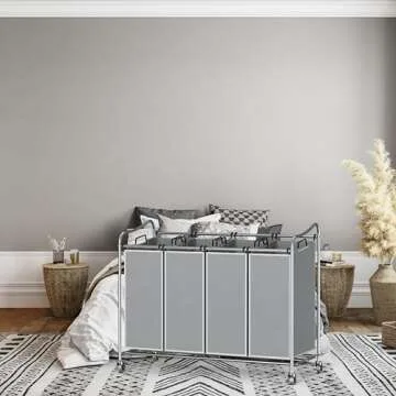 Simple Houseware 4-Bag Heavy Duty Laundry Sorter Rolling Cart, Silver