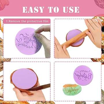 Mivofun 4Pcs Happy Birthday Fondant Embosser 3D Design Acrylic Mould Cookie Stamp, Cookie Cutters for DIY Baking Cake/Sugar Paste/Cupcake/Chocolate (3.15 inch, Random Colors)
