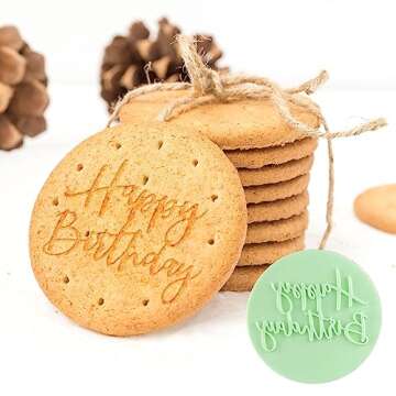 Mivofun 4Pcs Happy Birthday Fondant Embosser 3D Design Acrylic Mould Cookie Stamp, Cookie Cutters for DIY Baking Cake/Sugar Paste/Cupcake/Chocolate (3.15 inch, Random Colors)