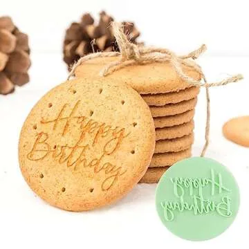 Mivofun 4Pcs Happy Birthday Fondant Embosser 3D Design Acrylic Mould Cookie Stamp, Cookie Cutters for DIY Baking Cake/Sugar Paste/Cupcake/Chocolate (3.15 inch, Random Colors)