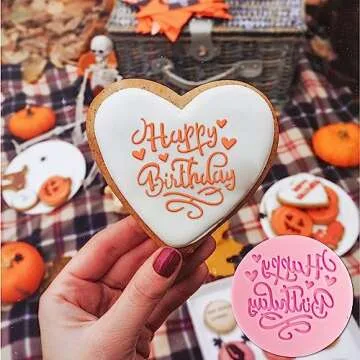 Mivofun 4Pcs Happy Birthday Fondant Embosser 3D Design Acrylic Mould Cookie Stamp, Cookie Cutters for DIY Baking Cake/Sugar Paste/Cupcake/Chocolate (3.15 inch, Random Colors)