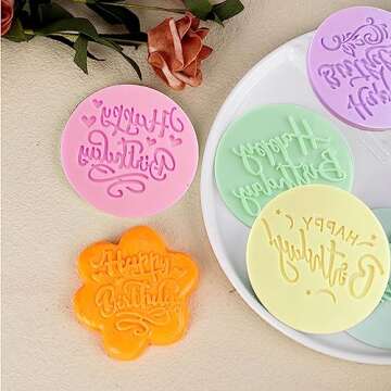 Mivofun 4Pcs Happy Birthday Fondant Embosser 3D Design Acrylic Mould Cookie Stamp, Cookie Cutters for DIY Baking Cake/Sugar Paste/Cupcake/Chocolate (3.15 inch, Random Colors)