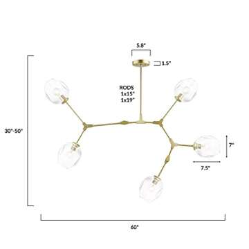 Light Society Thurston 5-Light Adjustable Chandelier Pendant, Matte Gold with Clear Glass Shades, Modern Lighting Fixture (LS-C126)