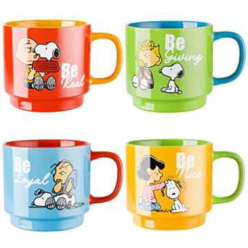 Peanuts Snoopy Gentle Reminders 15oz Stackable Mugs w/Metal Rack, Stoneware, 4-Pack, Assorted Colors