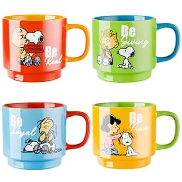 Peanuts Snoopy Gentle Reminders 15oz Stackable Mugs w/Metal Rack, Stoneware, 4-Pack, Assorted Colors