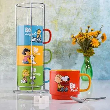 Peanuts Snoopy Gentle Reminders 15oz Stackable Mugs w/Metal Rack, Stoneware, 4-Pack, Assorted Colors