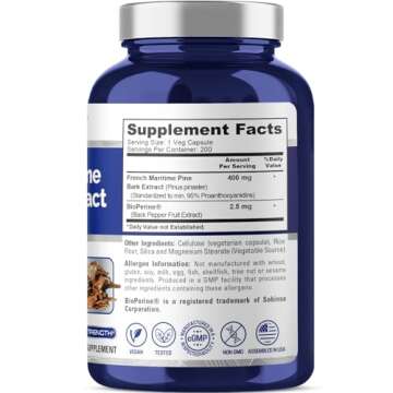 NusaPure French Maritime Pine Bark Extract 400mg per Veggie Caps 200-Day Supply Bioperine Non-GMO Ve...