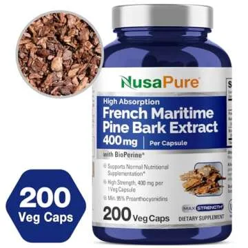 NusaPure French Maritime Pine Bark Extract 400mg per Veggie Caps 200-Day Supply Bioperine Non-GMO Vegan