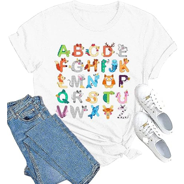 Women's Animals Alphabet Graphic Teacher Shirt - Cute ABC Design T-Shirt for Educators
