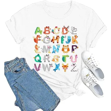 Women's Animals Alphabet Graphic Teacher Shirt - Cute ABC Design T-Shirt for Educators
