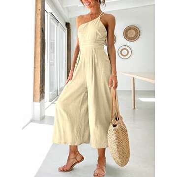 ANRABESS Women's Summer Straps One Shoulder Pleated High Waist Casual Wide Leg Jumpsuit
