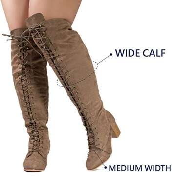 RF ROOM OF FASHION Women's Wide Calf Block Heel Lace Up Over The Knee Riding Boots - Taupe Suede, Si...