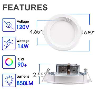 5CCT LED Slim Recessed Lighting, 6 inch Downlight, 14W=85W, Dimmable, 850LM CRI 90+, 2700K/3000K/400...