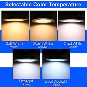 5CCT LED Slim Recessed Lighting, 6 inch Downlight, 14W=85W, Dimmable, 850LM CRI 90+, 2700K/3000K/4000K/5000K/6500K Selectable, Simple Retrofit Installation, Wet Rated, ETL&Energy Star Listed, 6 Pack