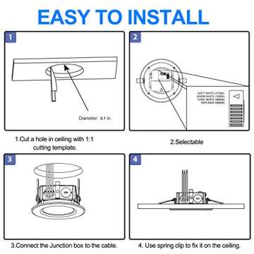 5CCT LED Slim Recessed Lighting, 6 inch Downlight, 14W=85W, Dimmable, 850LM CRI 90+, 2700K/3000K/4000K/5000K/6500K Selectable, Simple Retrofit Installation, Wet Rated, ETL&Energy Star Listed, 6 Pack