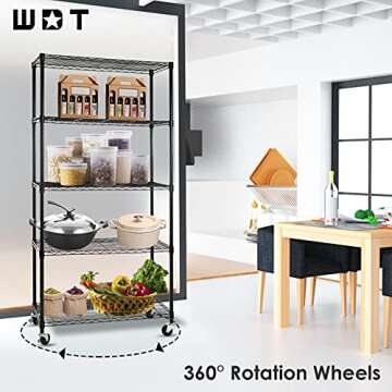 WDT 5 Tier Shelf Shelving Unit with Wheels,Adjustable Metal Shelves for Storage, NSF Certified Wire Shelving Rack,1750Lbs Capacity Heavy Duty Shelving Storage Shelves for Kitchen Garage,36"Wx16"Dx75"H