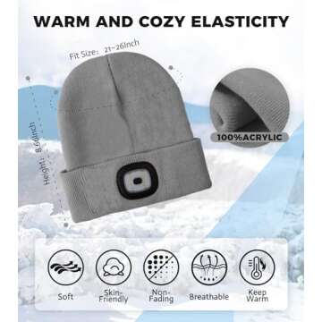 HEYAXA Unisex LED Beanie with Light, Rechargeable Headlamp Hat, Gifts for Christmas, Warm Knitted Cap Birthday Gifts for Men Adults Teens Women Dad Him (Gray)