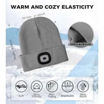 HEYAXA Unisex LED Beanie with Light, Rechargeable Headlamp Hat, Gifts for Christmas, Warm Knitted Cap Birthday Gifts for Men Adults Teens Women Dad Him (Gray)