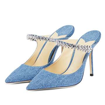 MIRAAZZURRA Women Heeled Mules Rhinestone Strappy Pointed Toe Mules Stiletto High Heels Slip On Brid...