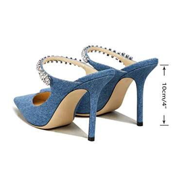 MIRAAZZURRA Women Heeled Mules Rhinestone Strappy Pointed Toe Mules Stiletto High Heels Slip On Bridal Sandals for Women Denim Blue Size 9