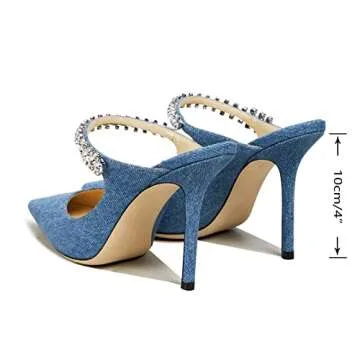 MIRAAZZURRA Women Heeled Mules Rhinestone Strappy Pointed Toe Mules Stiletto High Heels Slip On Bridal Sandals for Women Denim Blue Size 9