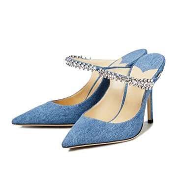 MIRAAZZURRA Women Heeled Mules Rhinestone Strappy Pointed Toe Mules Stiletto High Heels Slip On Bridal Sandals for Women Denim Blue Size 9