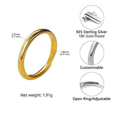 SILVERCUTE Wedding Band 18K Gold Plated Sterling Silver 2.5mm Wide Couple Rings for Men Women, Adjustable