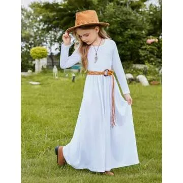 Arshiner Girls Maxi Dress Long Sleeve Casual Holiday Long Dress with Pockets (8-9 Years/White)