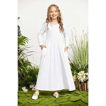 Arshiner Girls Maxi Dress Long Sleeve Casual Holiday Long Dress with Pockets (8-9 Years/White)