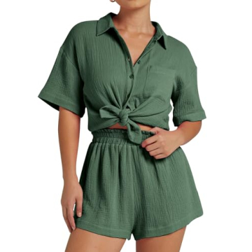Flygo Womens Casual 2 Piece Outfits Cotton Linen Sets Button Down Shirt Shorts Resort Wear 2024 Paja...