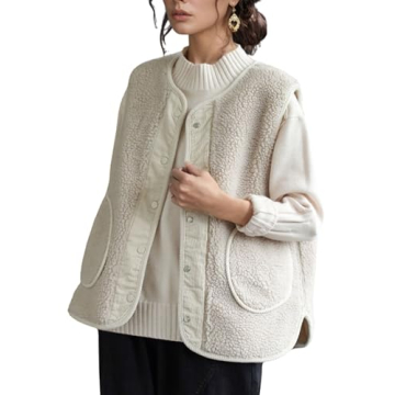 QIBABU Womens Fuzzy Fleece Vest Casual Button Down Sherpa Vest Warm Sleeveless Jackets with Pockets(...