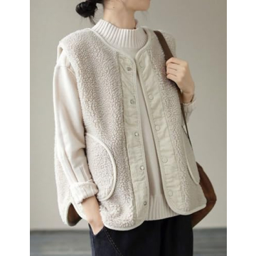 QIBABU Women's Casual Fleece Vest with Pockets and Buttons